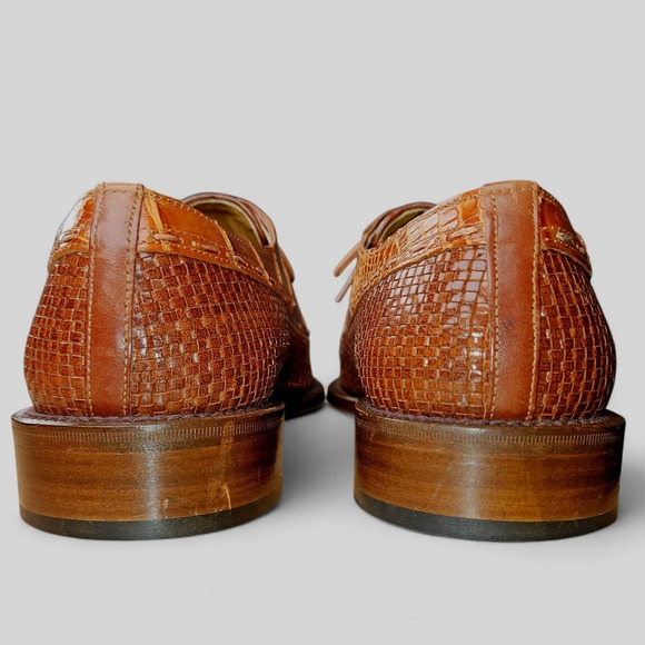 David Eden Leather Dress Shoes 10 Brown Cognac Embossed Croc Print Oxfords Spain - Picture 7 of 13